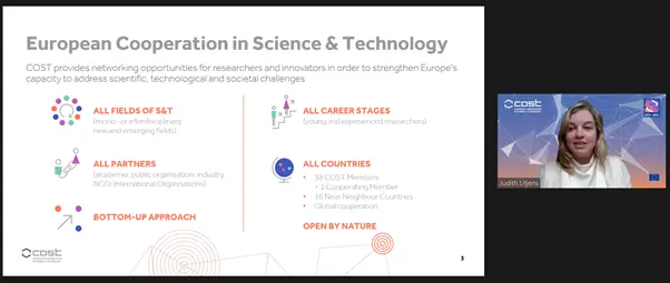 Screen shot of a presentation and speaker during a webinar