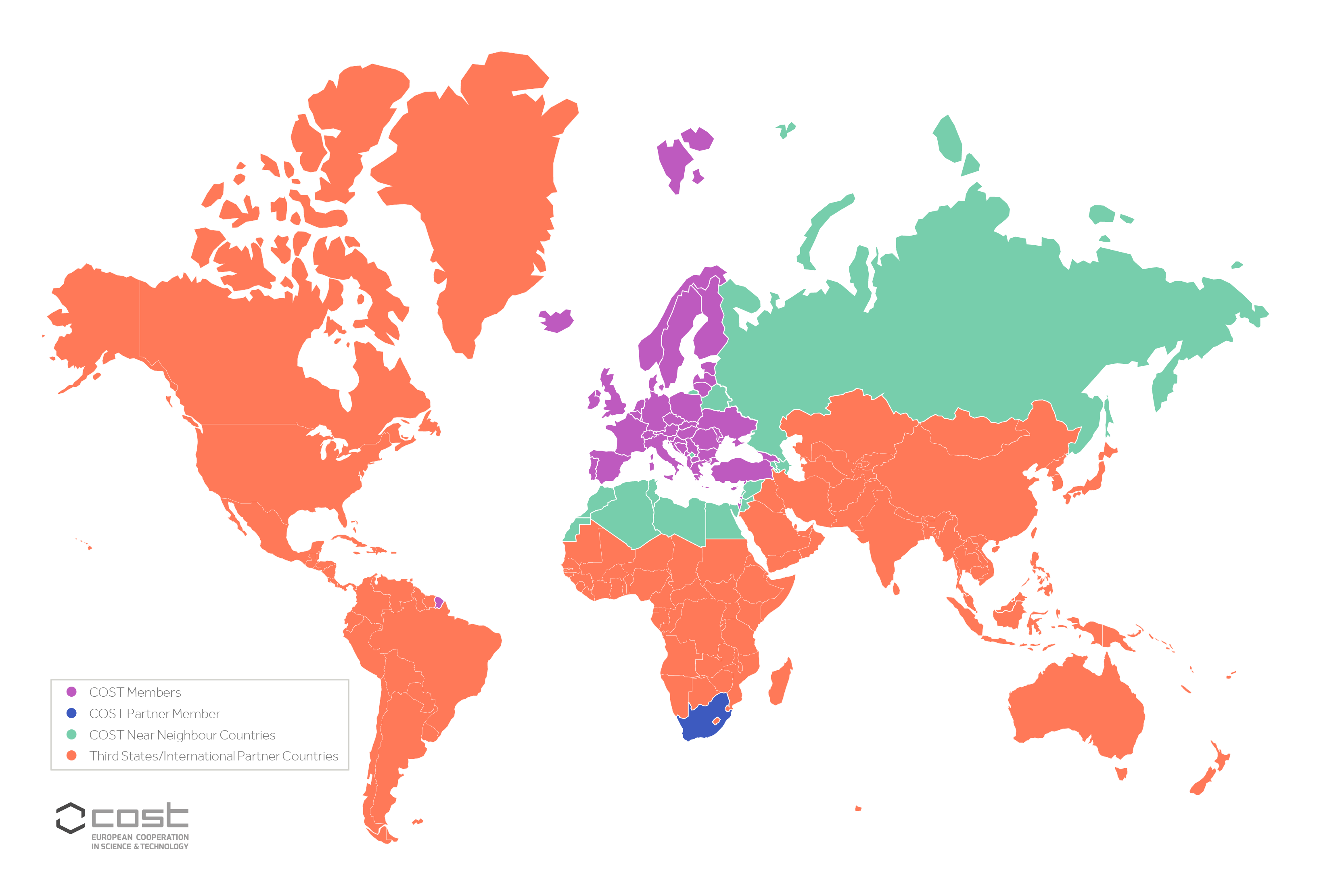 World map with countries shaded in purple, green, orange, and blue depending on their relationship to COST