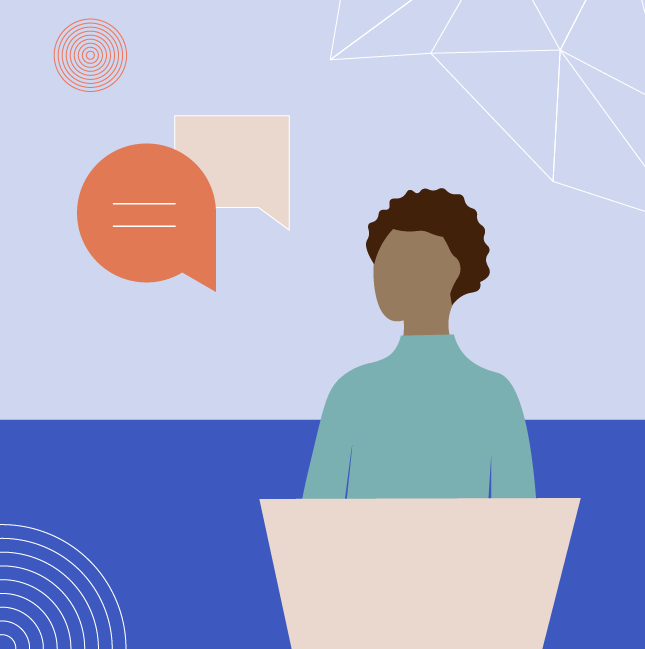 Illustration of a person standing at a podium surrounded by speech bubbles