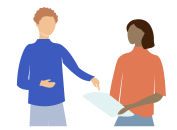 Illustration of two people talking. One on the right is holding a piece of paper and the other on the left is pointing to something on the paper