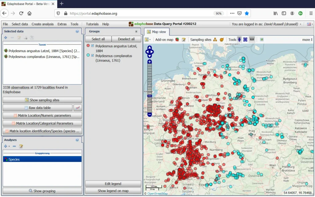 Screenshot of the Edaphobase data-query portal with data sets market by red and turquoise dots over a map of Europe