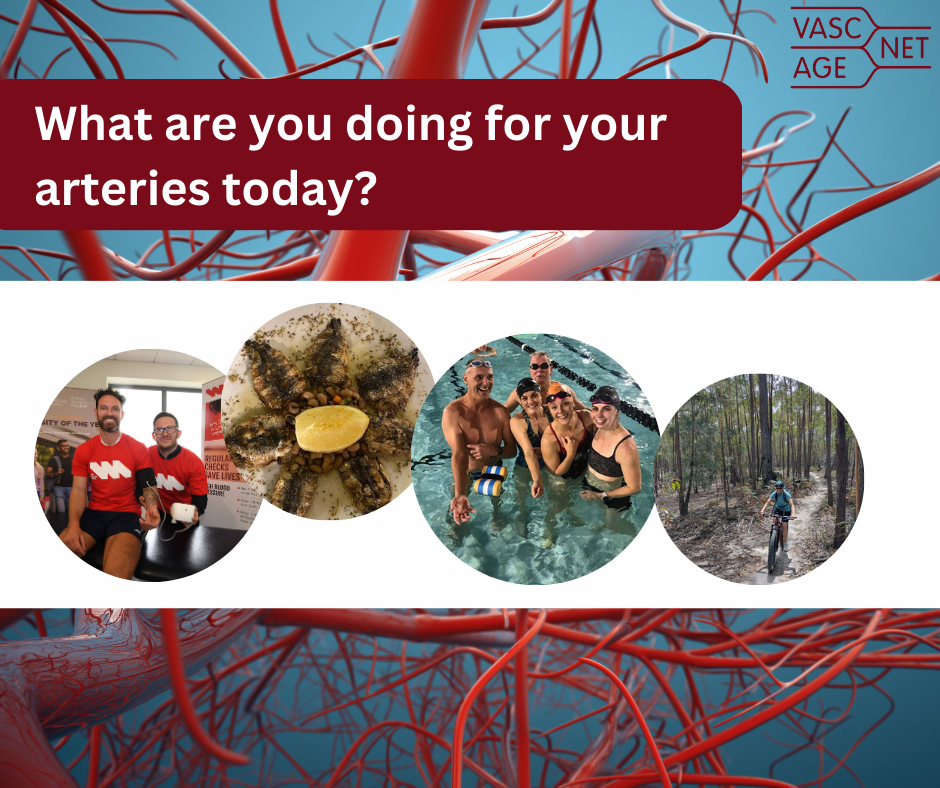 Text "what are you doing for your arteries today" above four pictures one with a man wearing a heart monitor, one of a fresh fish dish, one of 5 people swimming, and one of a person talking a walk in a wood.