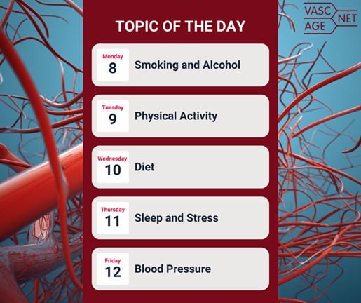 Topic of the day: Monday 8 smoking and alcohol; Tuesday 9 physical activity; Wednesday 10 diet; Thursday 11 sleep and stress; Friday 12 blood pressure