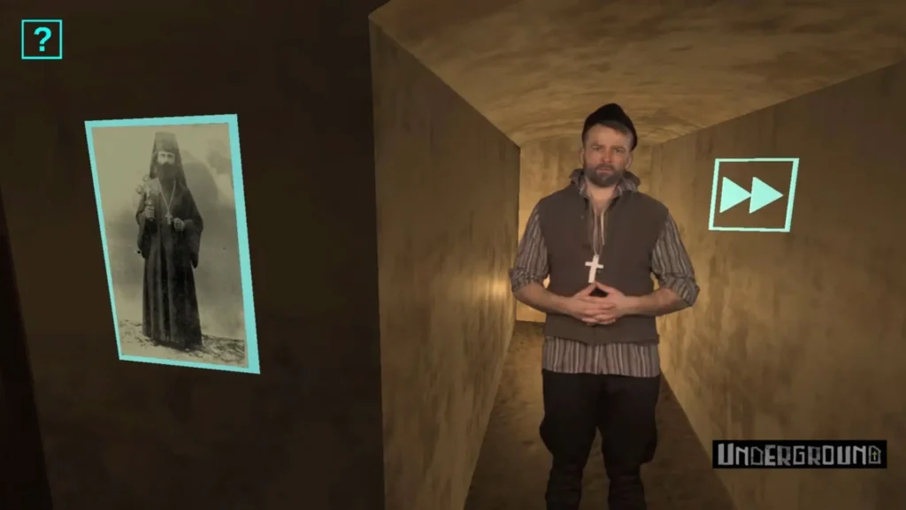 snapshot of a video showing a photo of a monk and a presenter 