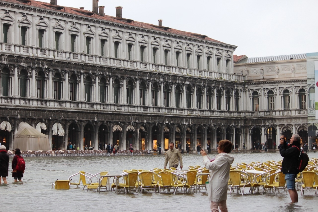 St Marco place in Venice under water.