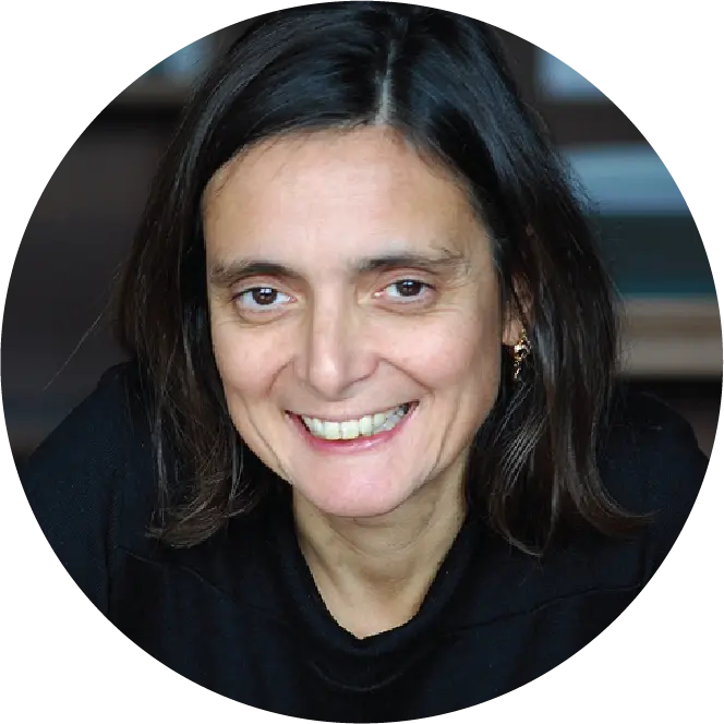 Portrait photo of a smiling woman with black hair