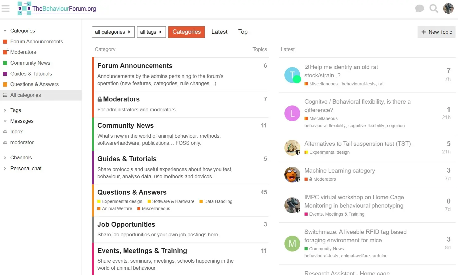Screenshot from The Behaviour Forum landing page showing different sections like announcements, community news, guides & tutorials, questions & answers, job opportunities, and events