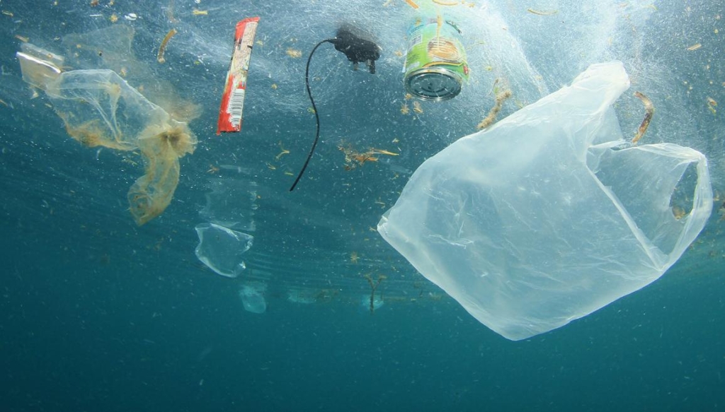 Plastic trash like carrier bag, food wrappers, and phone charger floating in the ocean