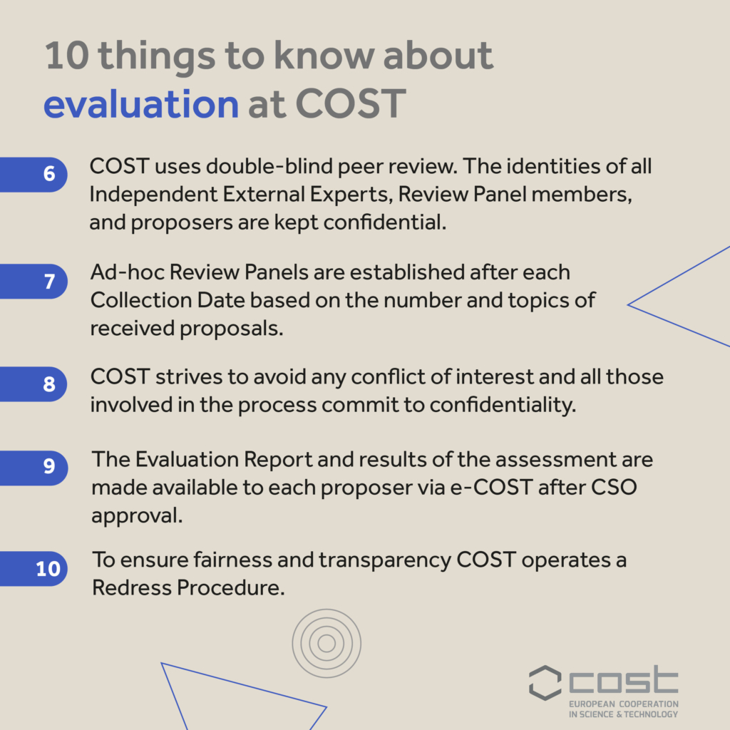 6. COST uses double-blind peer review. The identities of Independent External Experts, Review Panel members, and proposers are kept confidential. 7. Ad-hoc Review Panels are established after each Collection Date based on the number and topics of received proposals 8. COST strives to avoid any conflict of interest and all those involved in the process commit to confidentiality. 9. The Evaluation Report and results of the assessment are made available to each proposer via e-COST after CSO approval. 10. To ensure fairness and transparency COST has a Redress Procedure.